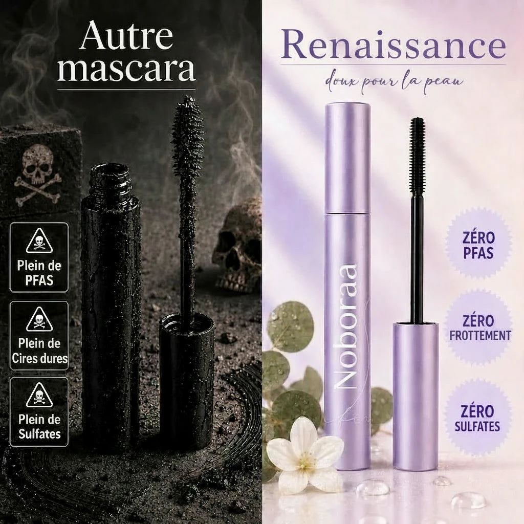 Comparaison : mascara classique contre Renaissance — zéro PFAS, zéro frottement, zéro sulfates