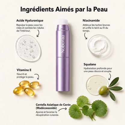 Les actifs de Noboraa Nuance : acide hyaluronique, niacinamide, vitamine E, squalane et centella