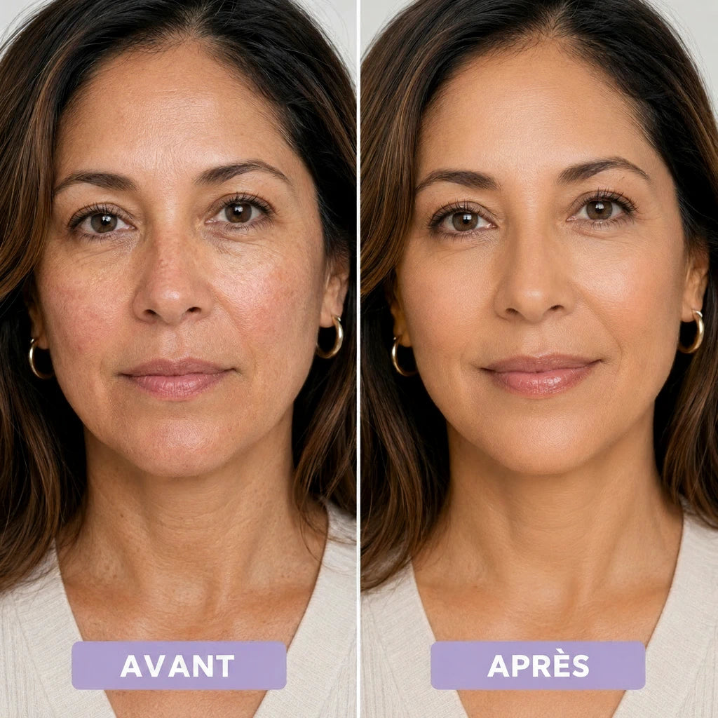 Avant / après sur une peau mature : teint unifié, rougeurs estompées