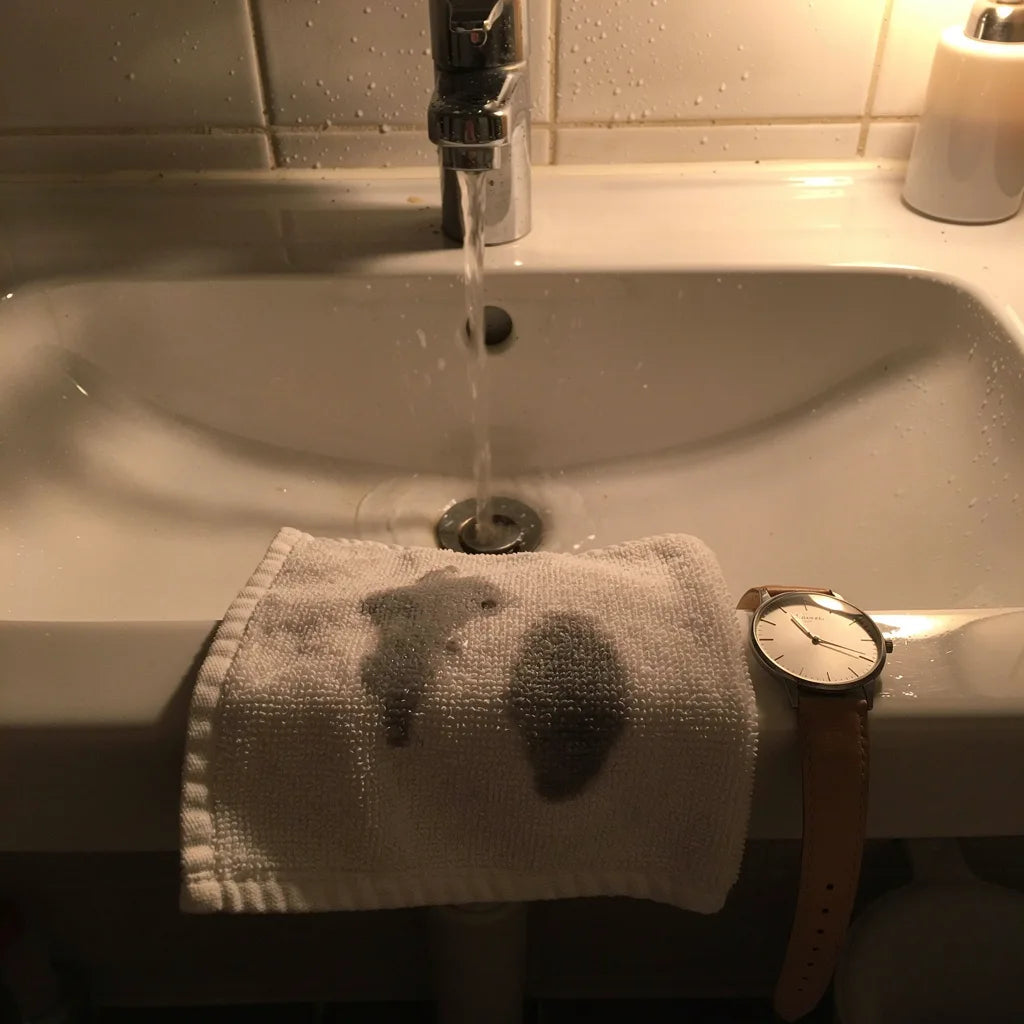 Un gant de toilette avec des traces de maquillage dissous posé sur un lavabo, le soir