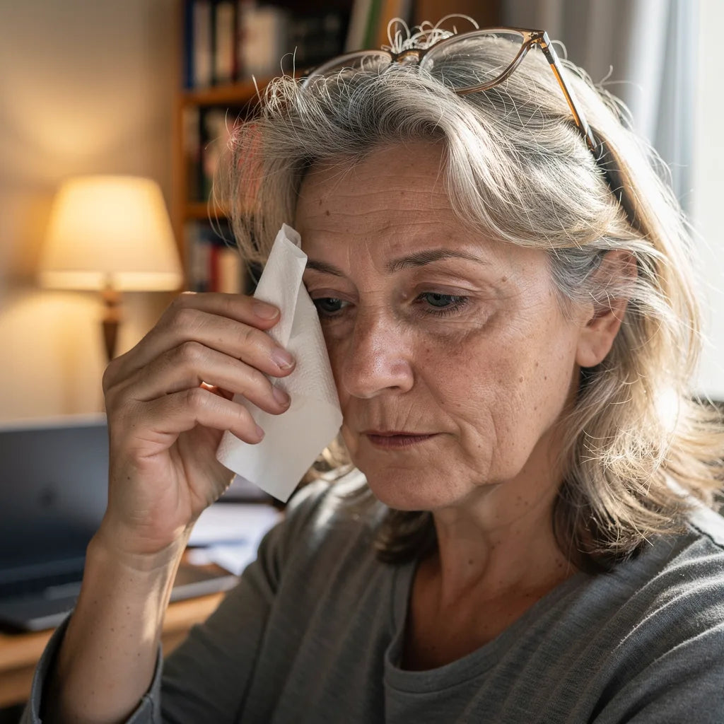 Une femme tamponne délicatement le coin de son œil avec un mouchoir