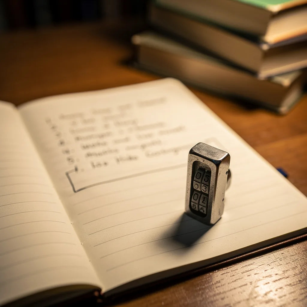 Un carnet ouvert sur un bureau, une liste manuscrite et un tampon dateur
